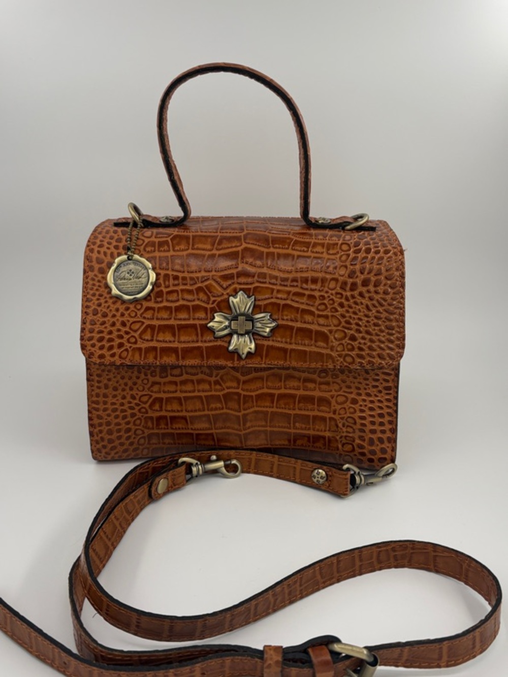 Patricia Nash Croc-Embossed Top Handle Satchel in Cognac Brown